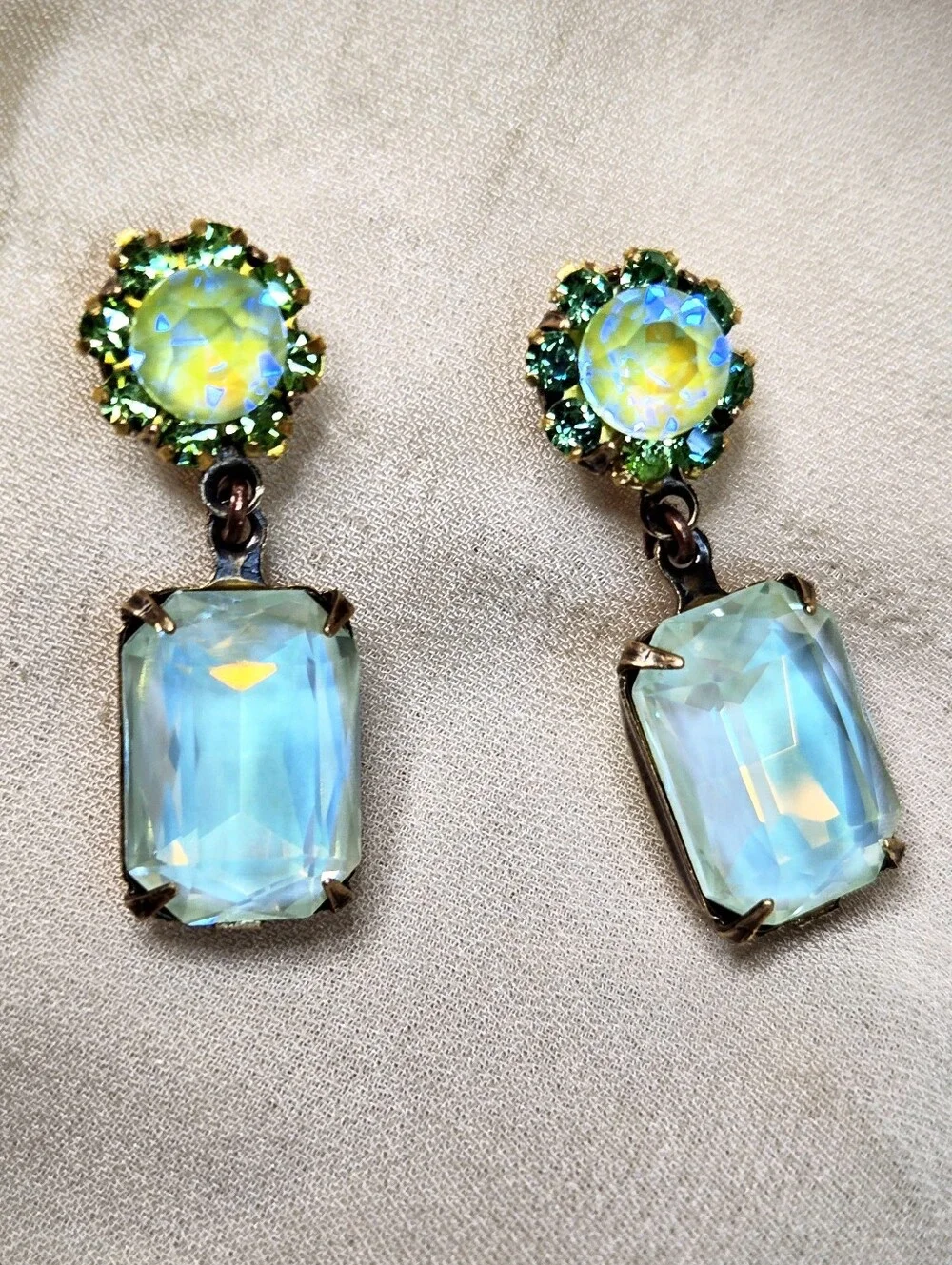 Bright Apple Green Crystals W/ Flower In Octagon Antique Bronze Artisan Earrings